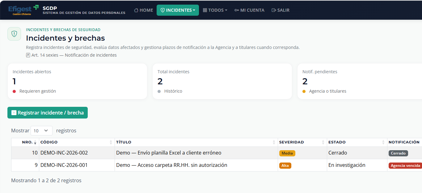 Registro de incidentes de seguridad en Efigest SGDP