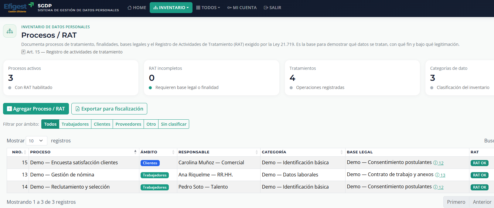 Registro de actividades de tratamiento en Efigest SGDP